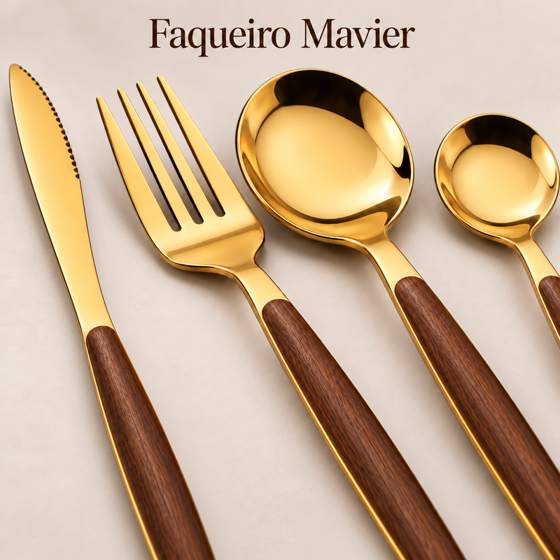 Faqueiro Mavier Inox Dourado com Cabos de Madeira Alta polidez®
