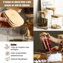 3 Potes Vidro Borossilicato [Quadrado]Tamanho 8 x 10 cm 450 ml Com Tampa e Colher de Bambu
