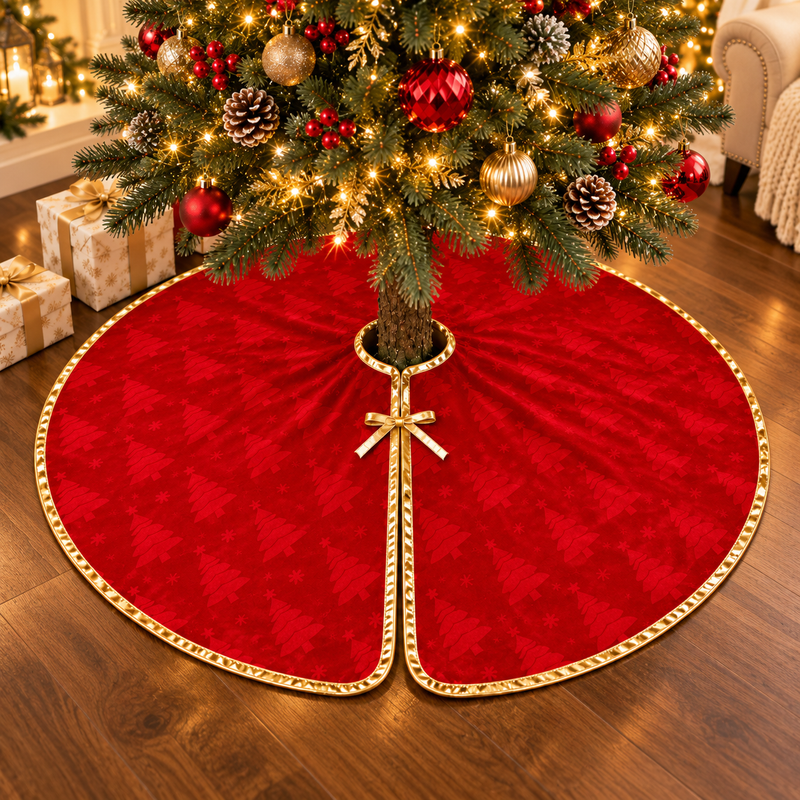 Saia vermelha com acabamento dourado sob árvore de Natal